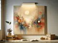 Un vibrante cuadro mural abstracto con círculos y pinceladas en tonos cálidos y fríos, iluminado por un aplique de pared.