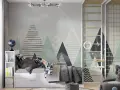 Habitación infantil con pared que simula pintar montañas, cama, estantería y zona de juegos con columpio.