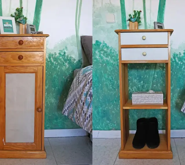 Antes y después de restaurar mesita de noche. La mesita de madera con puerta y cajones se transforma en un mueble abierto con estantes.