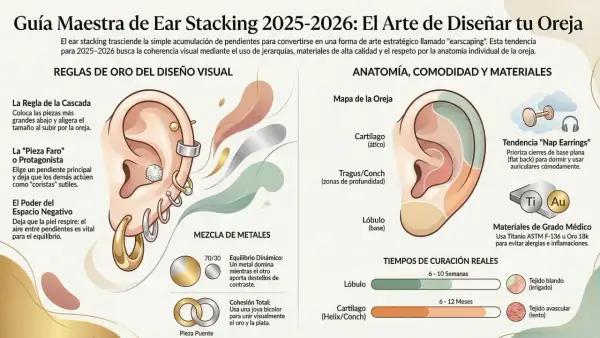 Oreja con varios pendientes, incluyendo un aro de **punta de plata** en el lóbulo y un brillante en el cartílago.