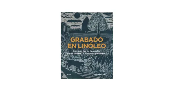 Portada de libro "Grabado en linóleo", con un diseño detallado de linograbado que incluye un gato, flores, un árbol y una casa.