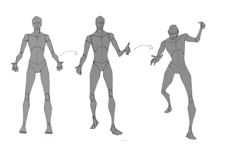 Figuras grises muestran poses para dibujar, evolucionando de una pose estática a una dinámica.