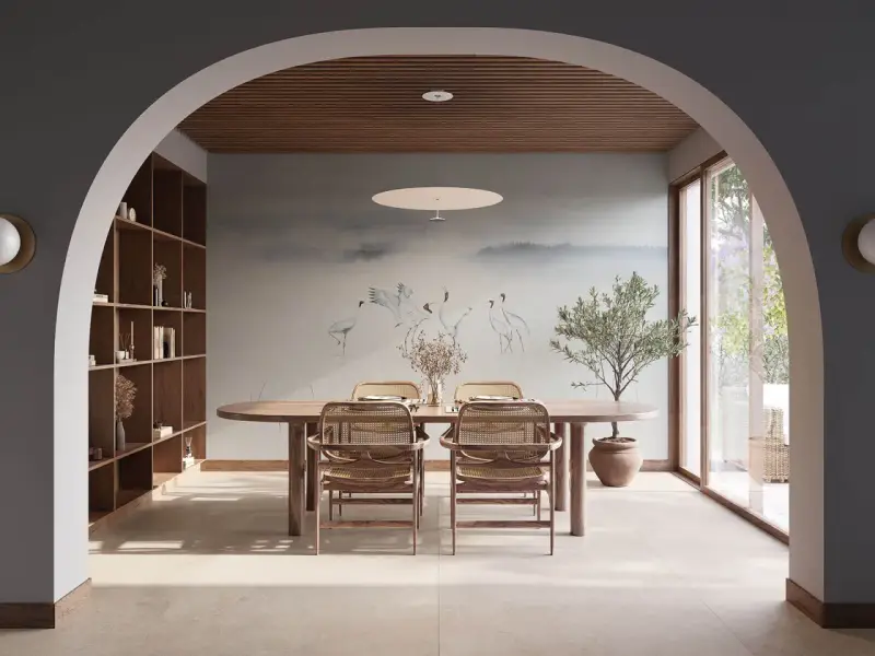 Comedor con mural de grullas y árbol de olivo, creando un ambiente de feng shui sereno y natural.