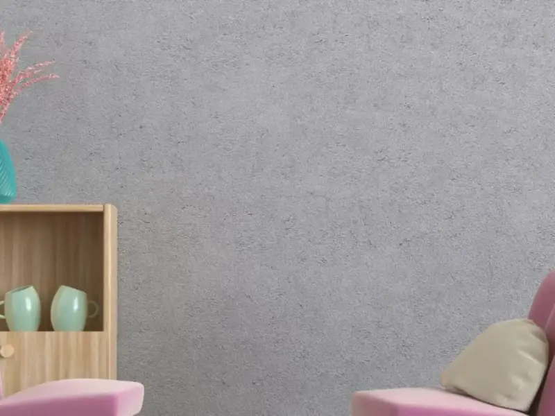 Un elegante papel pintado sobre gotele cubre la pared gris. Muebles de madera y tazas verdes decoran el espacio.
