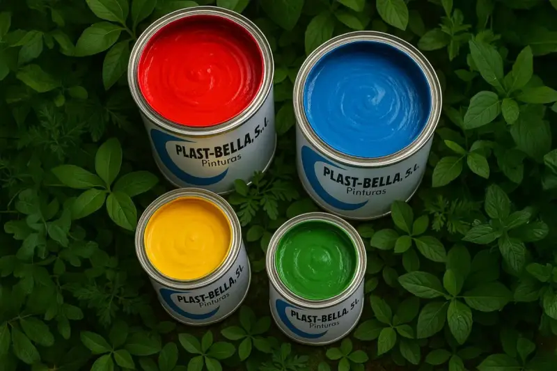 Latas de pintura roja, azul, amarilla y verde listas para pintar plástico.